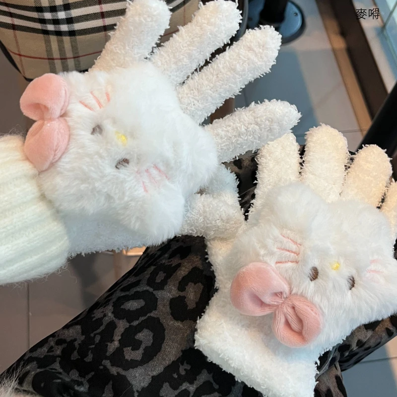 新款可爱星星kitty手套冬季毛绒保暖防寒学生加厚骑行五指