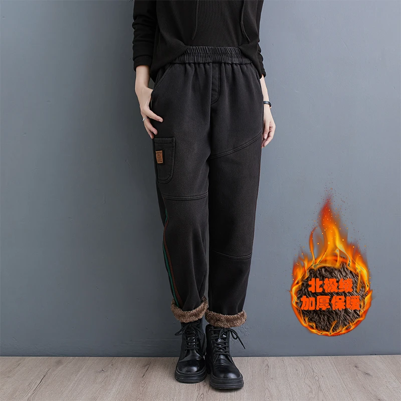 秋冬新款加绒加厚贴布牛仔裤宽松大码松紧腰百搭休闲长裤哈伦裤