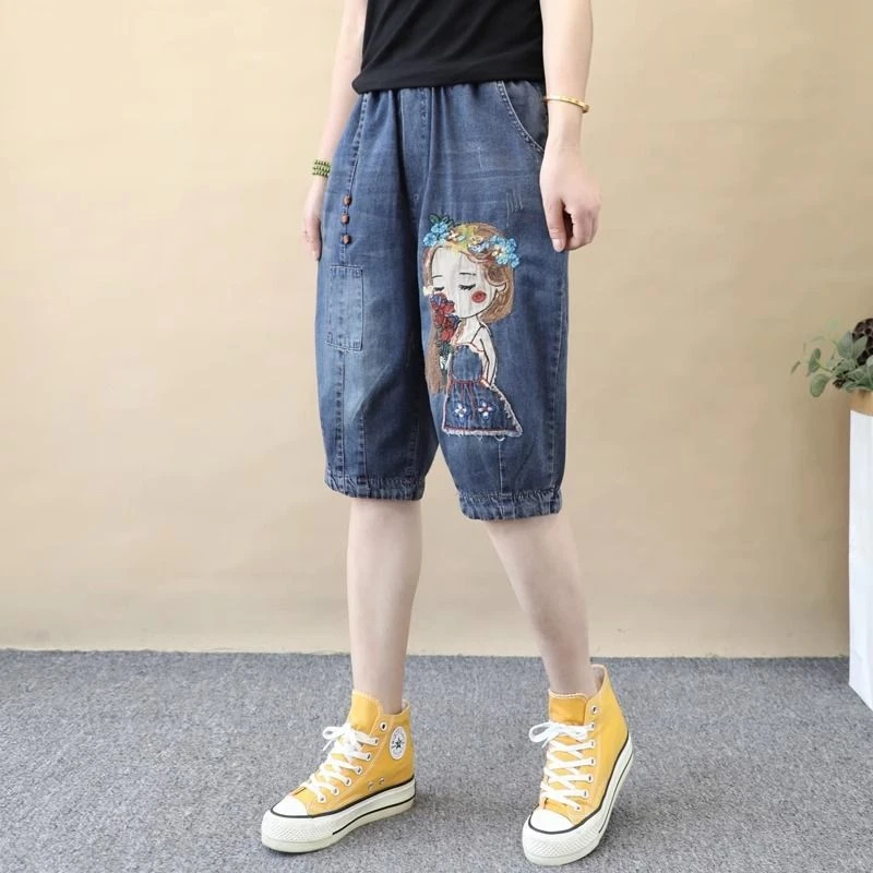 夏季胖mm牛仔短裤女卡通女孩刺绣牛仔六分裤宽松休闲束脚五分中裤