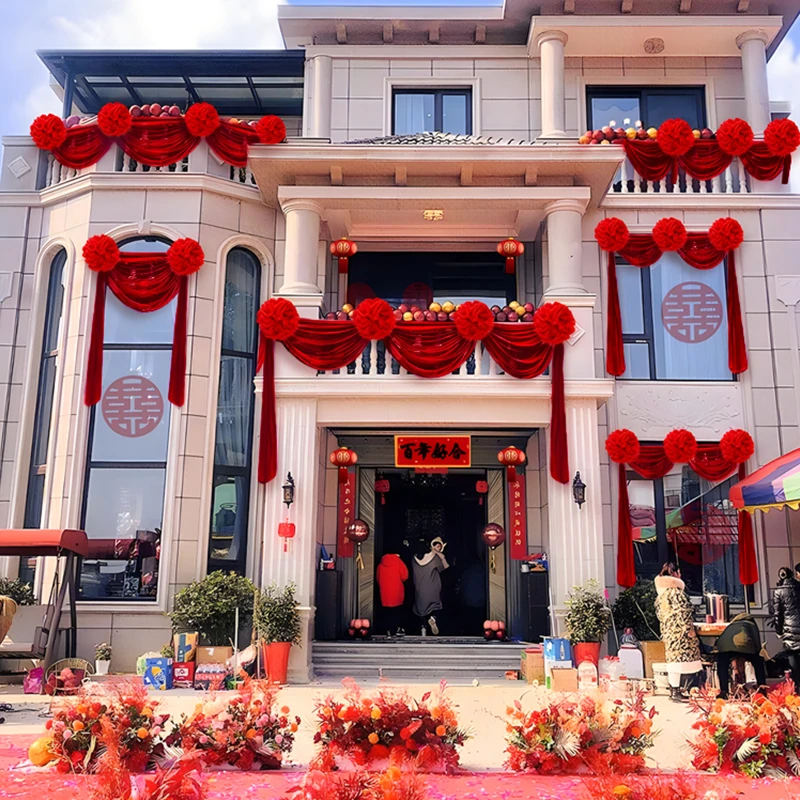结婚农村院子装饰用品阳台栏杆纱幔拉花大红花球装饰庭院别墅布置