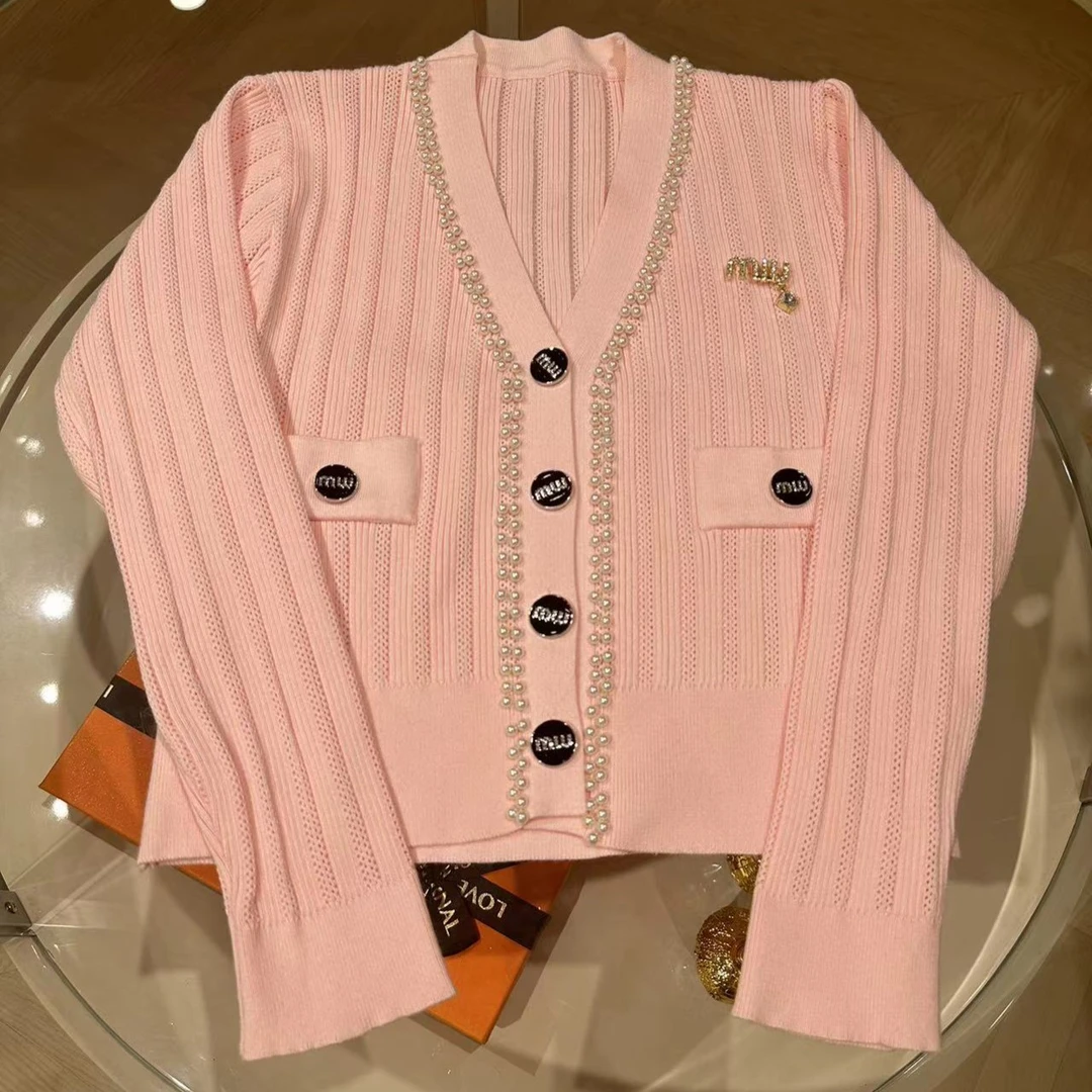 DEARXJ-130早秋新款女装粉色针织衫外套设计感小众钉珠小香风开衫