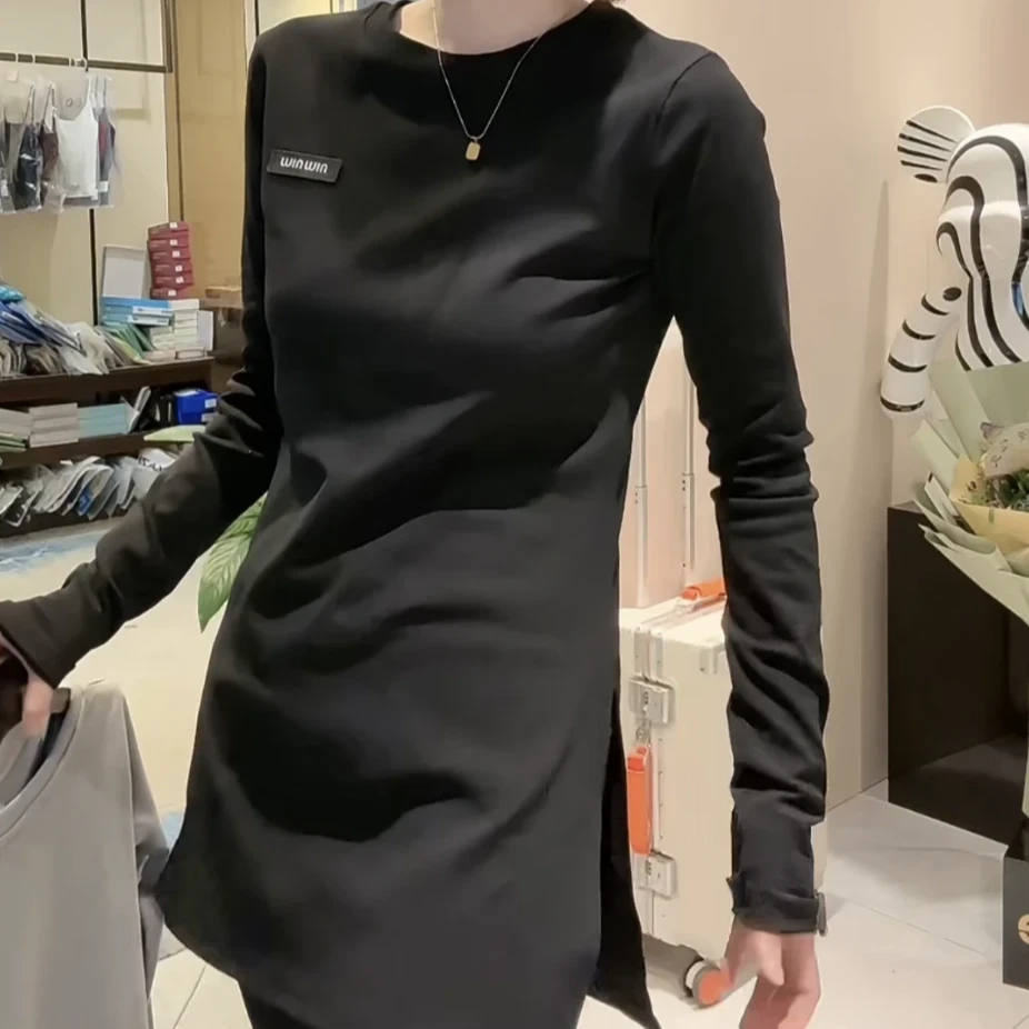 新款欧货时尚显瘦百搭圆领俩侧开衩中长减龄衫休闲长袖网红秋季