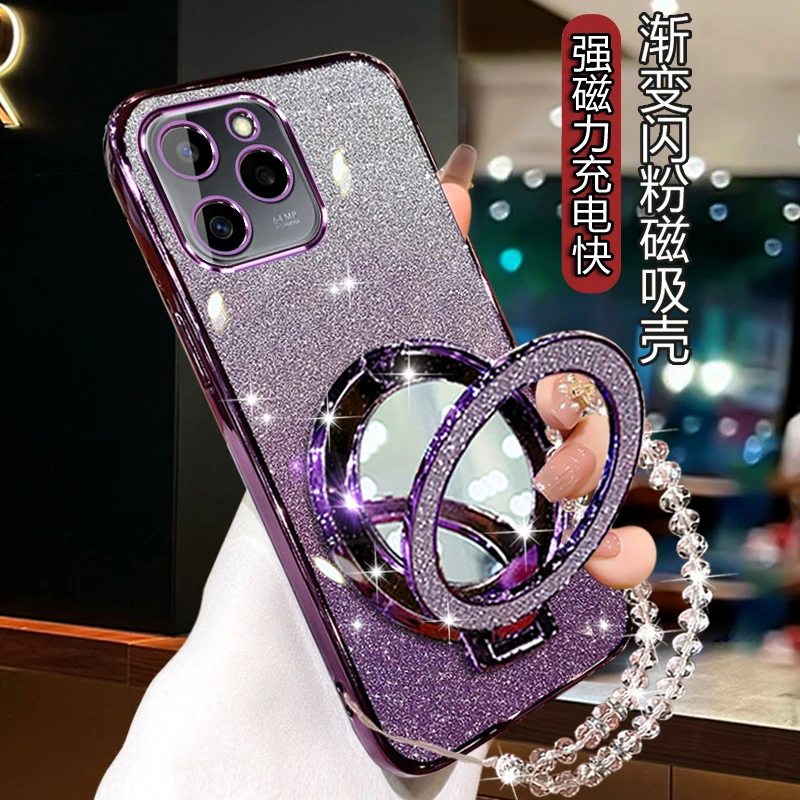 华为荣耀60se新款手机壳5G软胶闪粉外壳GIA-AN00女带镜子磁吸支架