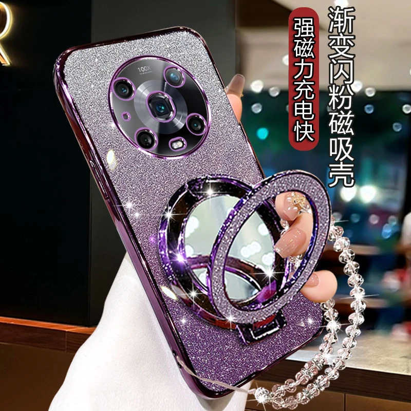 新款荣耀Magic4pro网红手机壳带镜面支架魔术4PRO LGE-AN10闪粉套