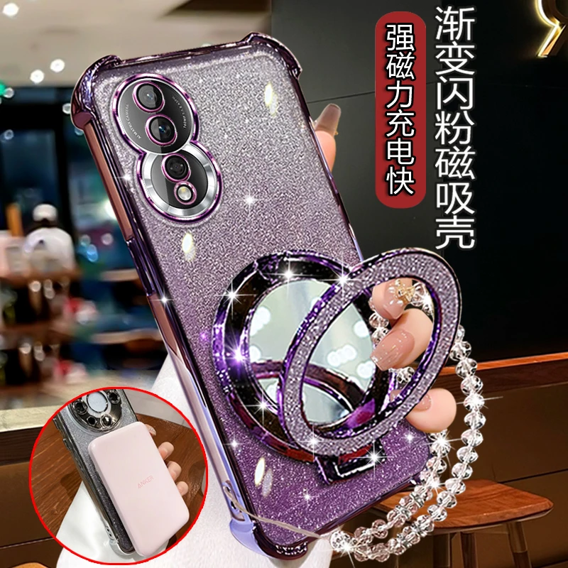 新款荣耀80手机壳网红高档ANN-AN00女闪粉轻奢电镀软壳带镜子支架