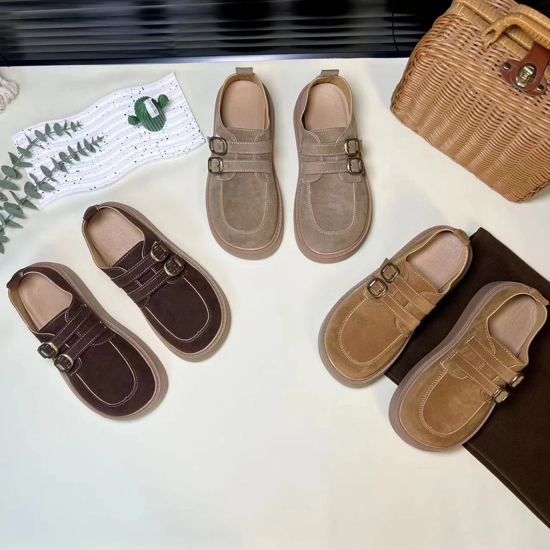 双带侧边扣勃肯鞋复古松糕底厚底女外穿增高软底2024新款秋冬单鞋