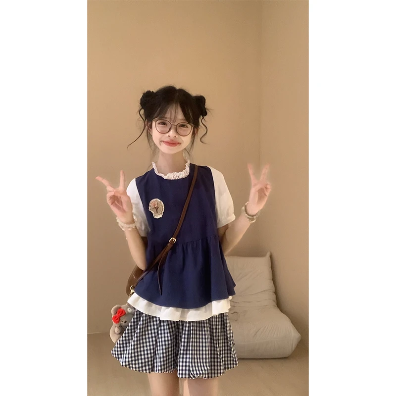 加加不加班 学院风拼接假两件格子短袖上衣夏减龄花苞裙短裙套装