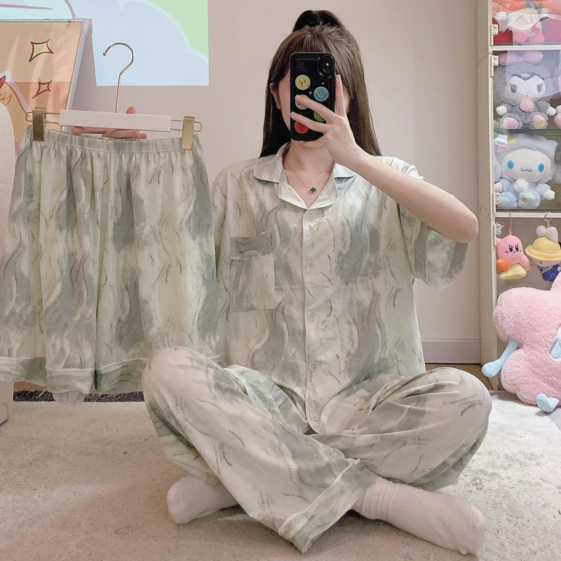 三件套加肥宽松大码睡衣女2024年新款短袖胖mm250斤家居服潮夏天