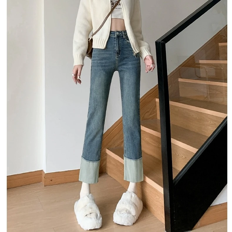 2024小个子牛仔女高腰复古翻边直筒裤拼接百搭时尚休闲烟管九分