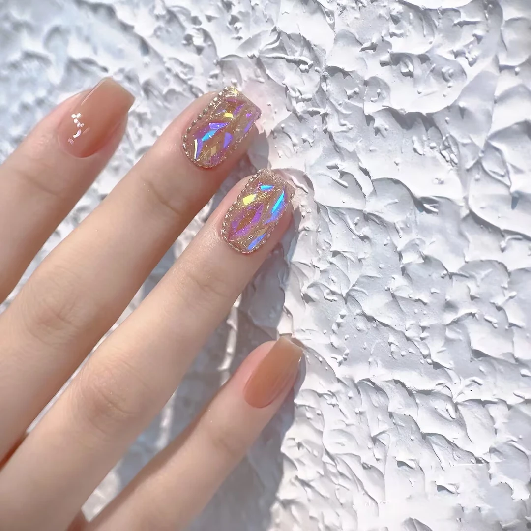 极光奶茶满钻透裸极光钻美甲贴片显白气质手工穿戴甲短款光疗成品