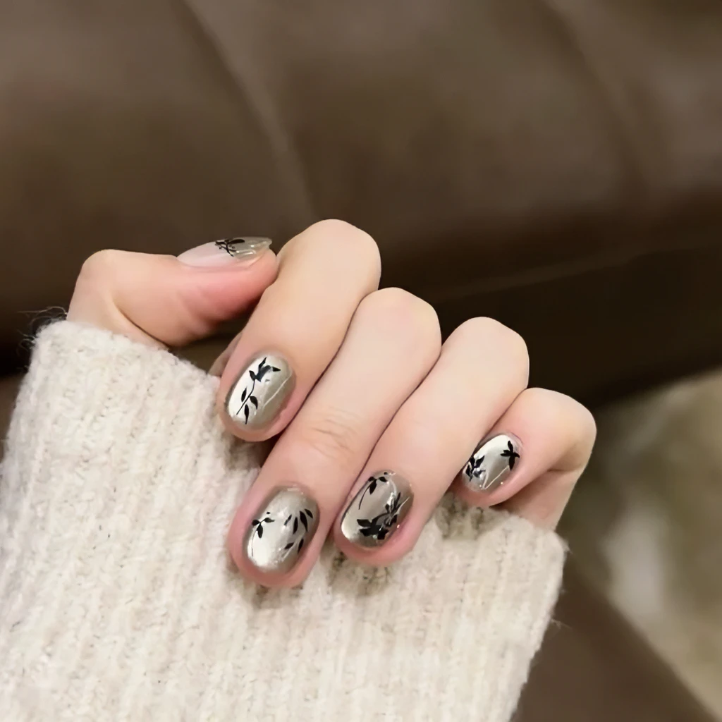 国风猫眼 手绘叶子灰色猫眼短款美甲纯手工穿戴甲指甲贴片光疗甲