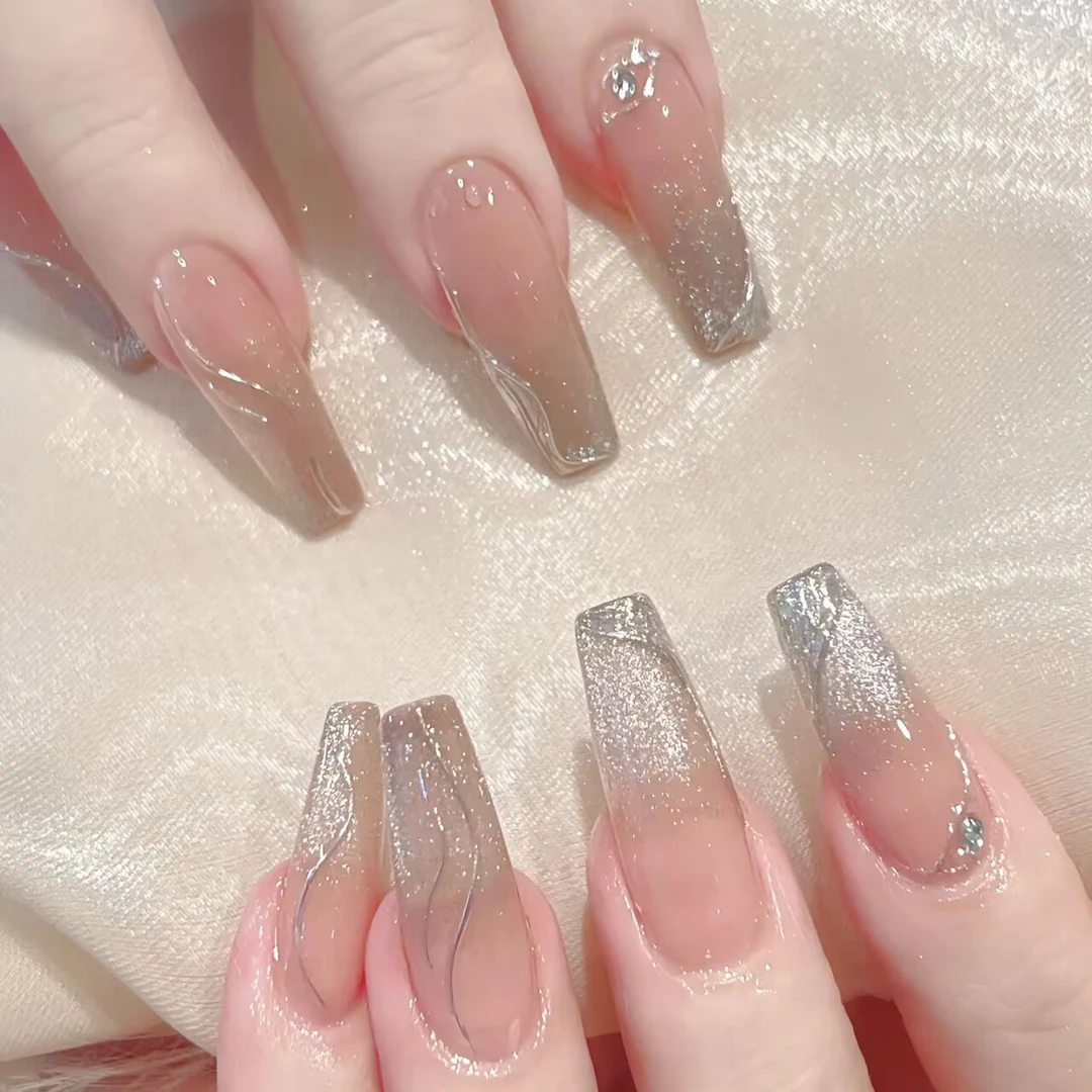 碎闪银河 手工欧美长款梯形穿戴甲猫眼美甲贴片裸色显白千金光疗