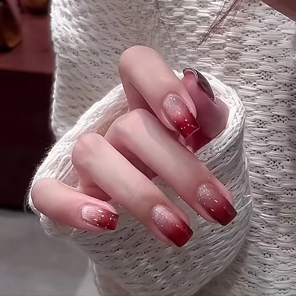 浅浅血姬 甜酷猫眼纯手工穿戴甲显白短款美甲贴片血浆红色假指甲