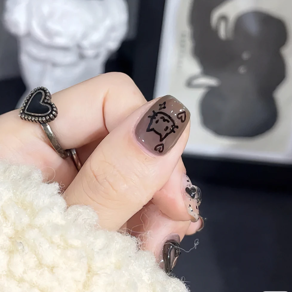 外星黑猫 手工可爱卡通穿戴甲小黑猫咪美甲贴片可拆短款美甲成品