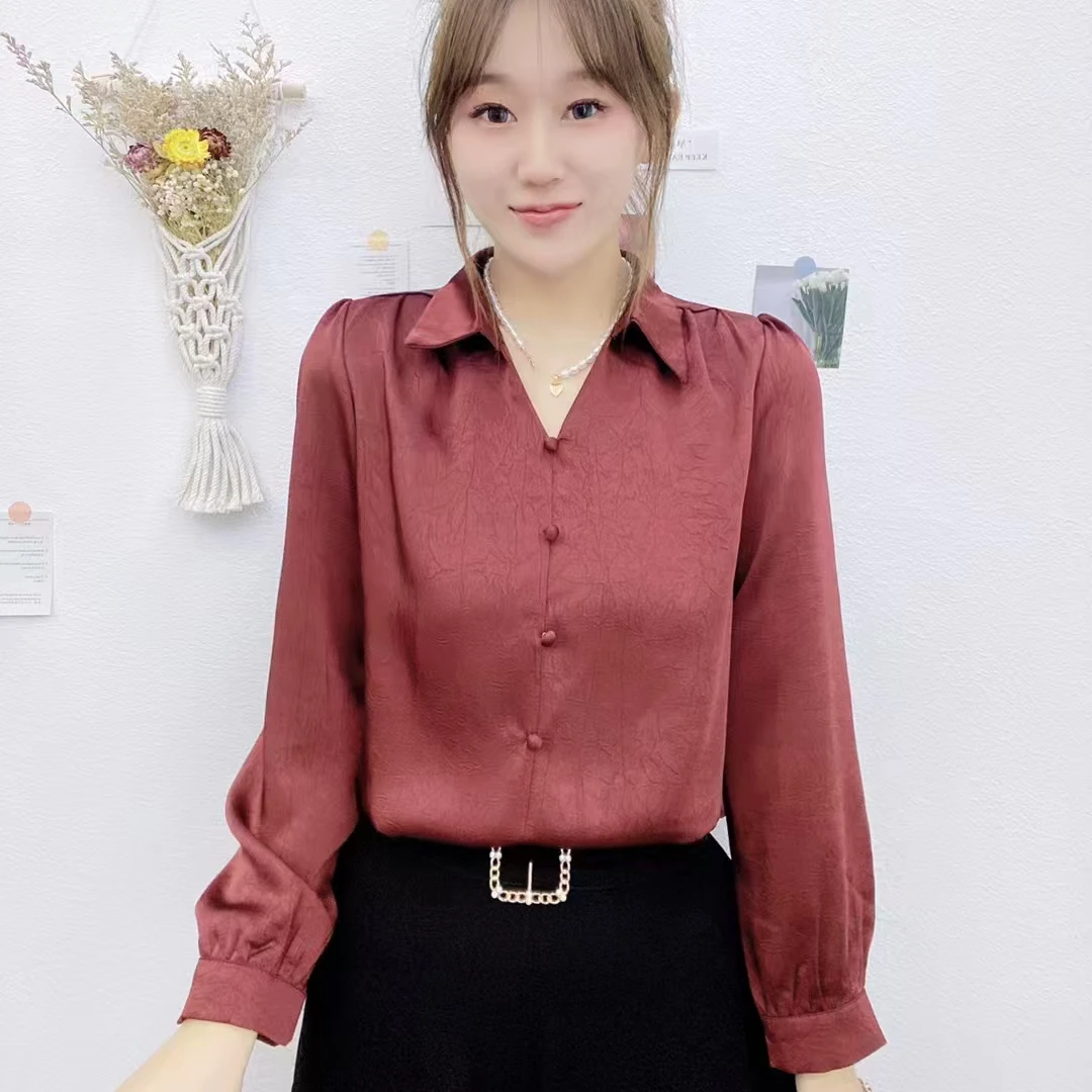 秋季新款长袖衬衫女气质洋气polo领上衣女【8707】