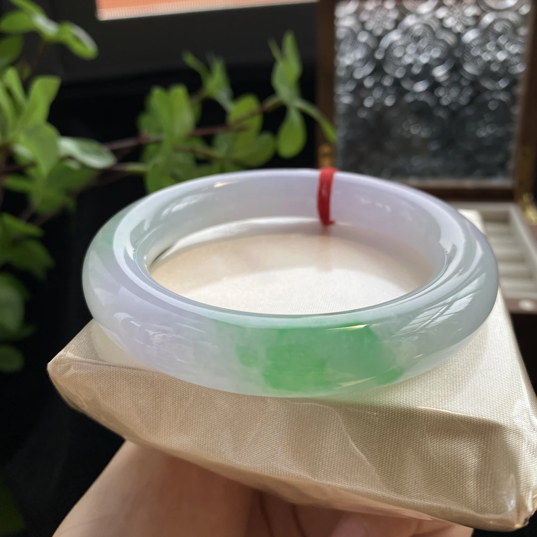 56.5天然缅甸老坑冰种圆条春彩紫罗兰飘绿花翡翠玉石手镯女款7620