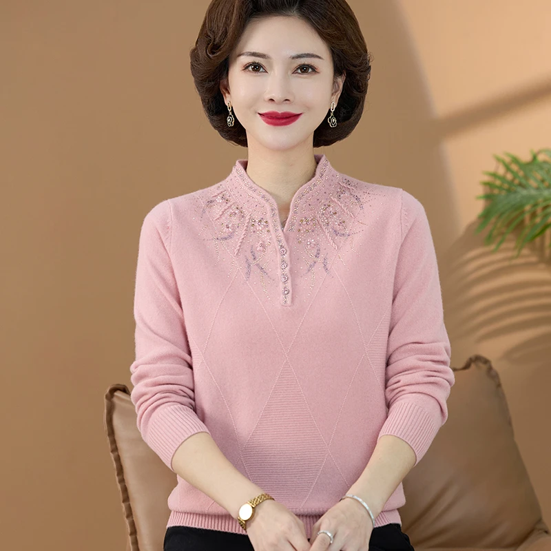 妈妈装100羊毛衫冬装洋气立领中老年女装镶钻套头打底衫红色毛衣