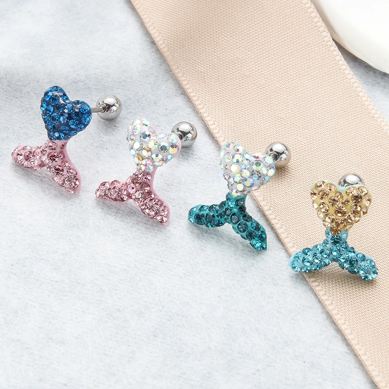 钛钢合成锆石耳饰 时尚鱼尾耳骨钉医疗钢针耳环 新款百搭个性耳饰