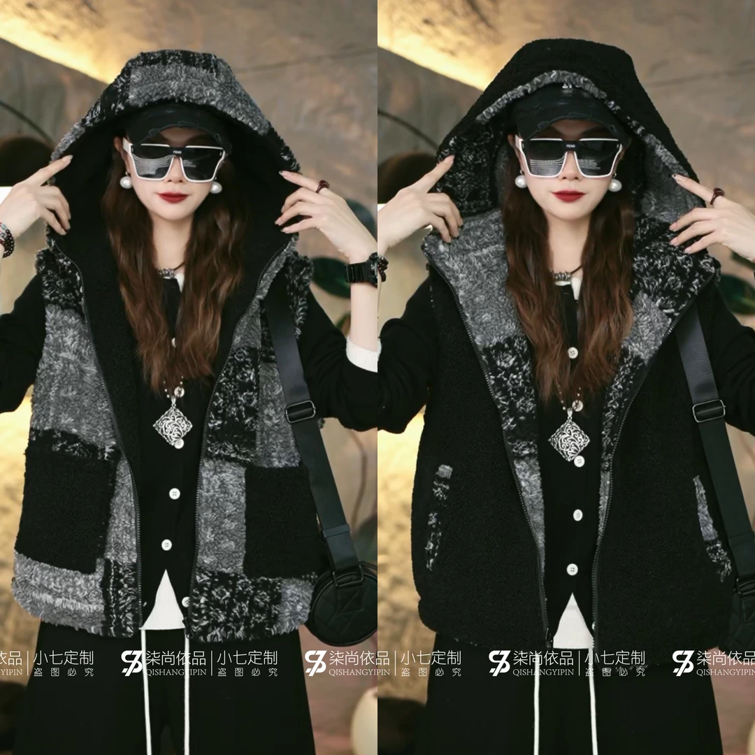 【小七定制】冬季新款时尚高级保暖百搭复古黑灰色两面穿马甲3939