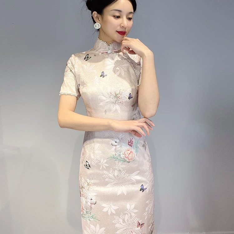 【美娇旗袍】2022新款粉色蕾丝印花年轻款复古改良短袖旗袍裙