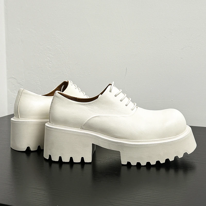2024新款原创大头德比鞋男士增高6cm真皮头层牛皮休闲皮鞋白色鞋