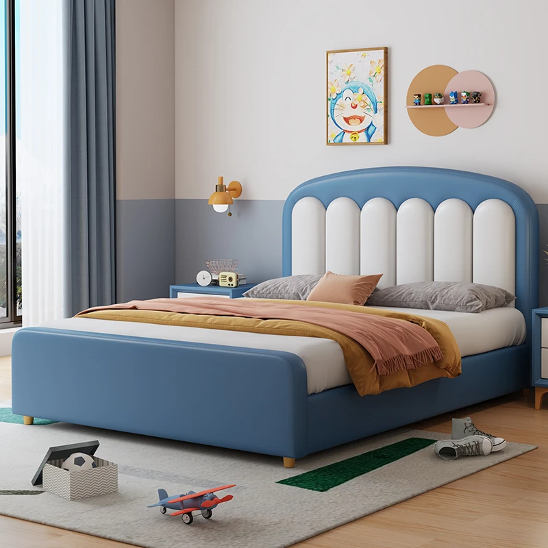 奶油风儿童床女孩男孩公主床免洗皮艺粉色单双人实木床学生卧室