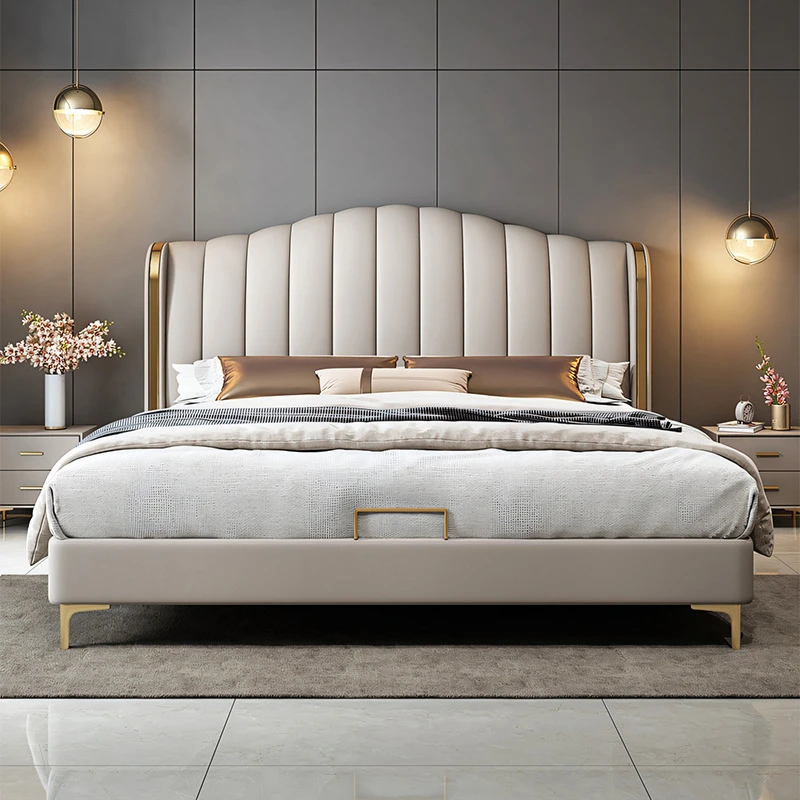 儿童纳帕真皮床轻奢风婚床双人可储物主卧室实木软包床皮艺网红床