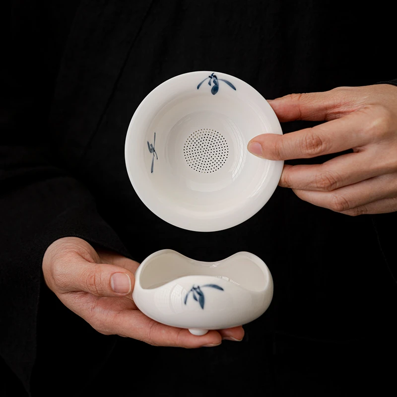 兰花手绘茶漏滤茶器陶瓷茶叶过滤套组家用功夫茶道配件茶隔茶滤网