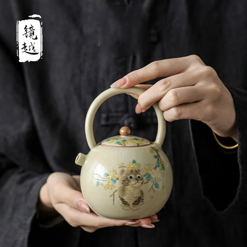 米黄汝窑提梁壶可爱萌猫开片可养陶瓷家用功夫茶具大号单壶泡茶壶