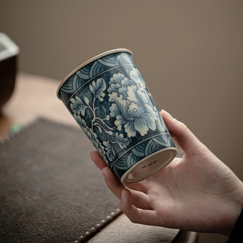 青花米黄汝窑可乐杯陶瓷大号茶杯单杯随手杯个人男女专用主人杯