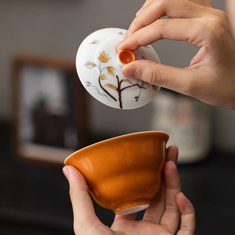 秋叶手绘盖碗茶杯复古陶瓷功夫茶具家用单个创意小号不烫手泡茶碗