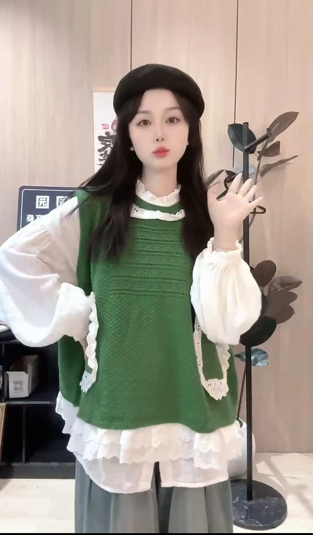 【绿光森林马甲】2025秋冬新款毛衣马甲带花边