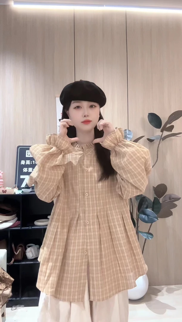 【格纹书店】2024自制泡泡袖小立领百搭韩版小格子衬衣