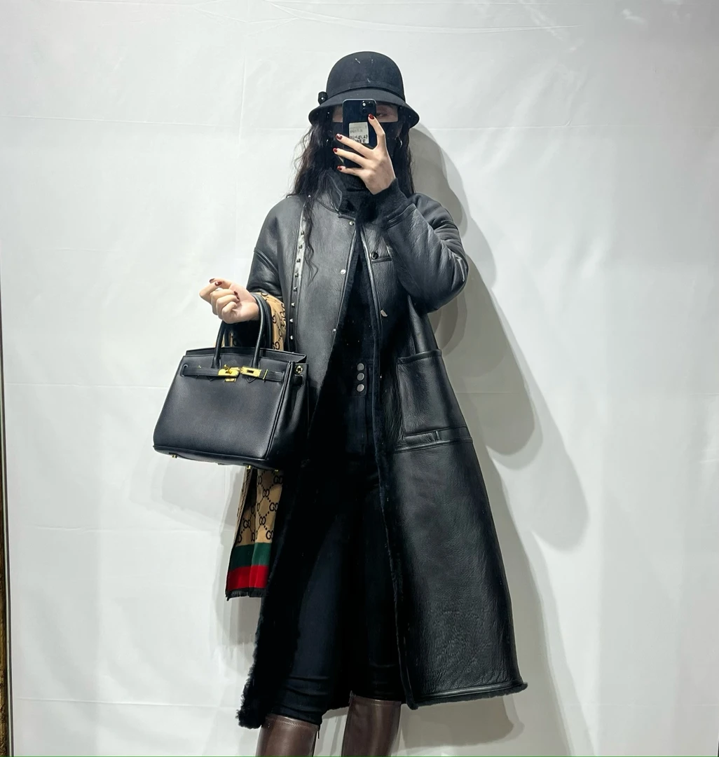 【年货节】网红中长款秋冬黑色羊毛时尚气质百搭双面穿外套-6688