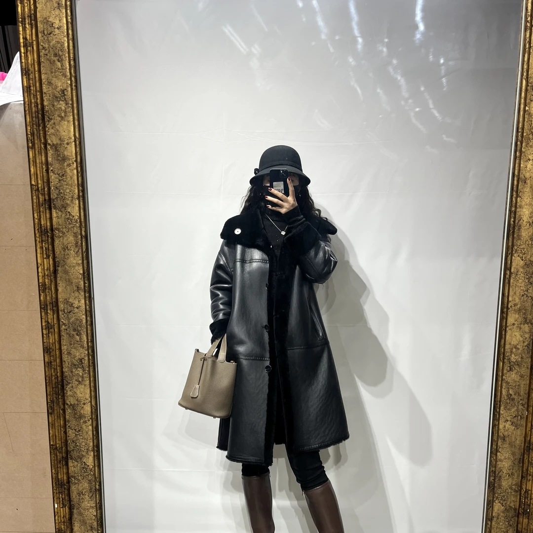 【年货节】网红中长款秋冬黑色羊毛时尚气质百搭翻领双面外套-2319