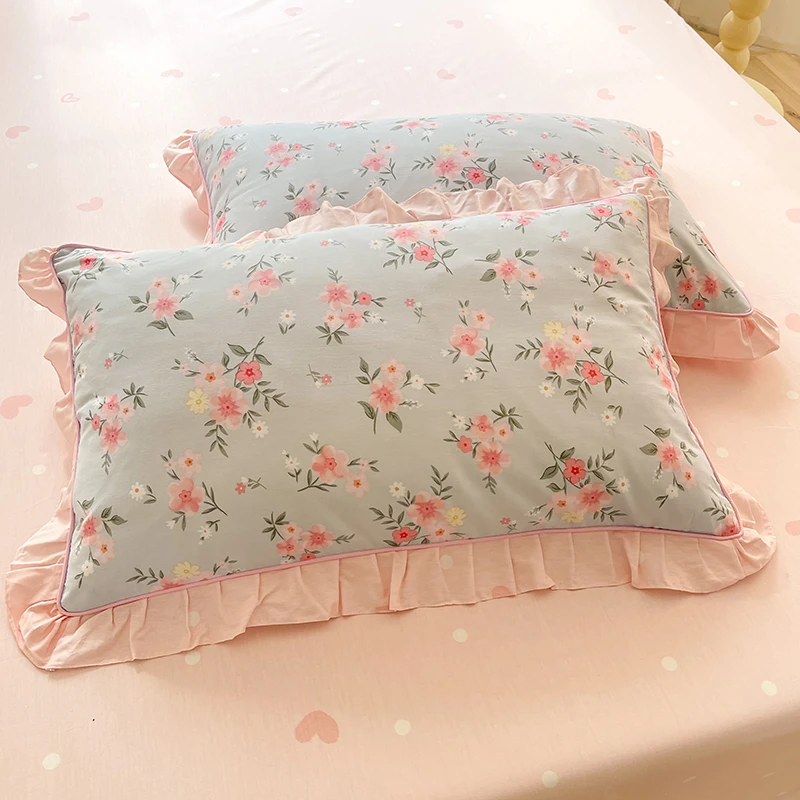 韩式碎花全棉枕套一对家用宿舍单人纯棉荷叶边枕芯内胆套枕头外壳