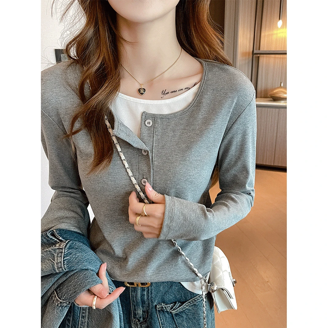 严选假两件长袖t恤女2024春秋季小众设计感韩系可外穿打底衫上衣