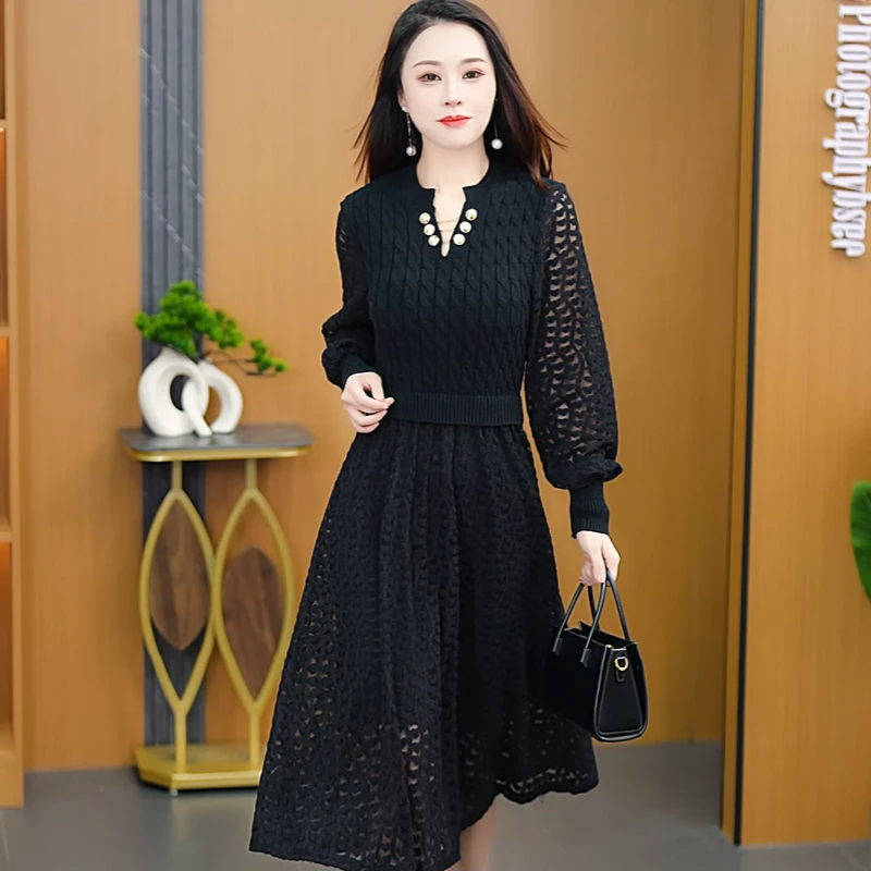 小香风女装连衣裙2024早春款针织拼接蕾丝时尚中长款复古气质显瘦