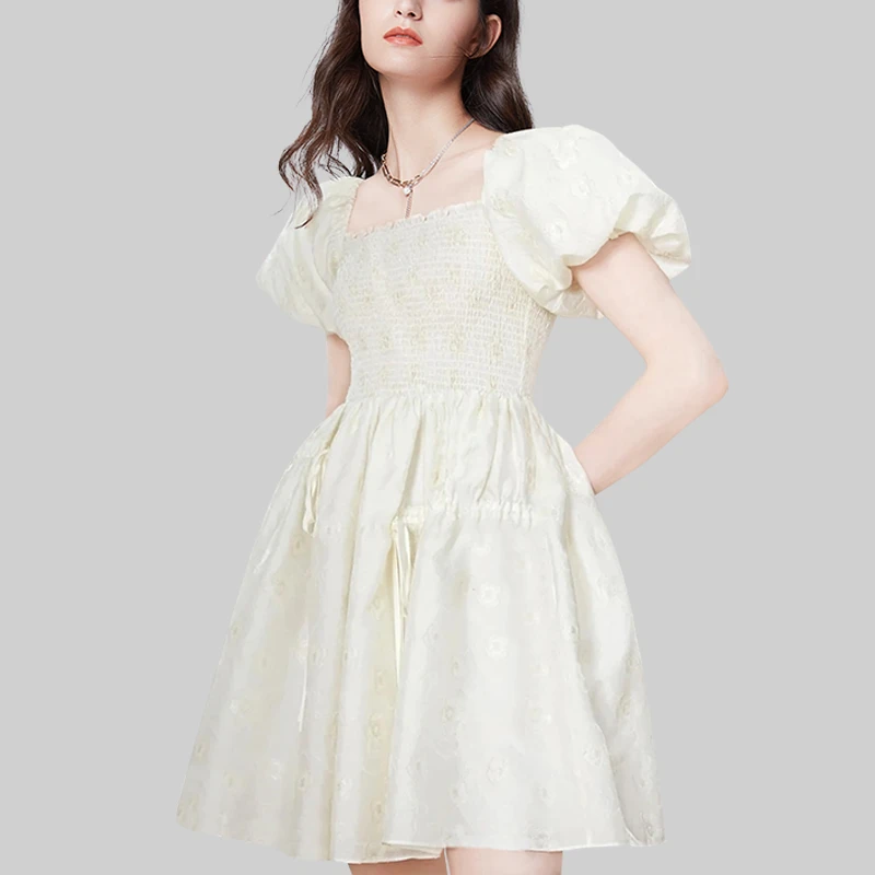 甜美泡泡袖短款公主裙女2025年夏新款法式复古收腰蓬蓬a字连衣裙