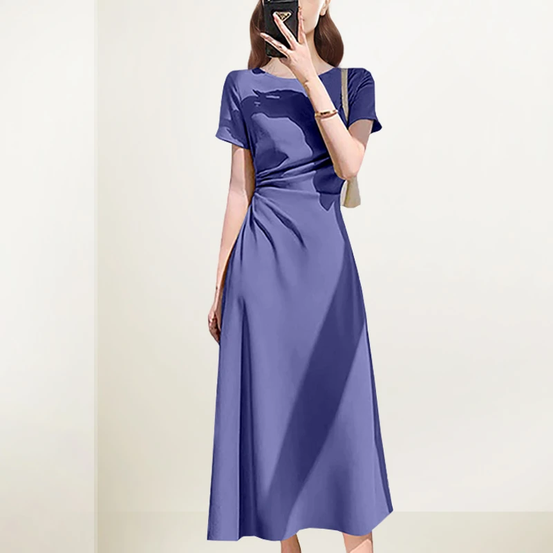 茶歇撞色法式连衣裙女2025年夏装新款小众修身显瘦短袖减龄中长裙