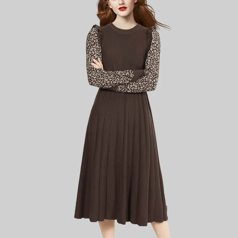 法式复古印花拼接针织裙2025年秋装新款假两件收腰裙子长袖连衣裙
