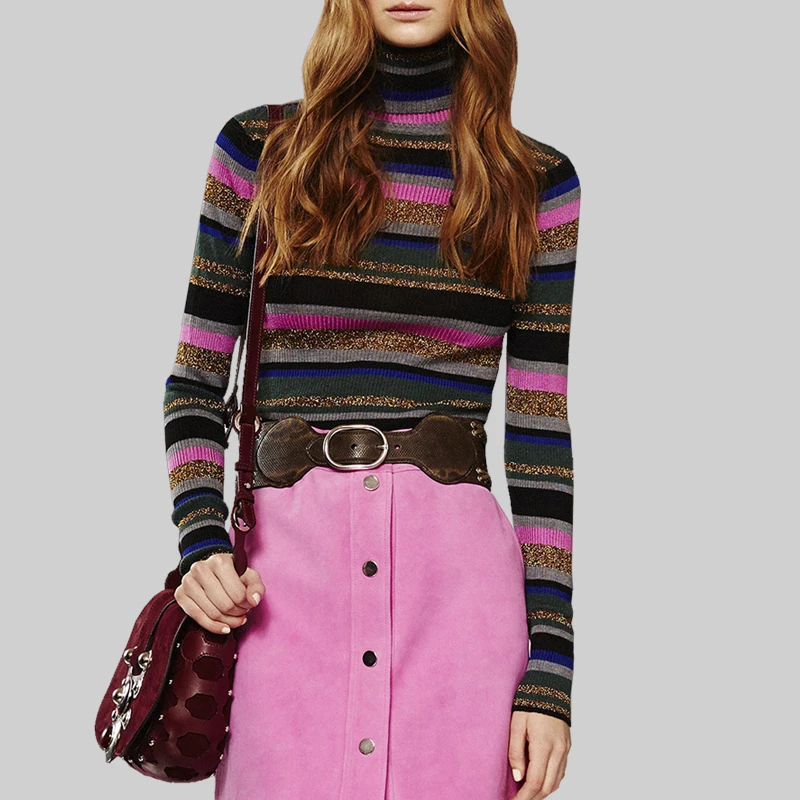 复古百搭款半高领套头毛衣女冬装新款宽松慵懒风条纹外搭针织衫潮