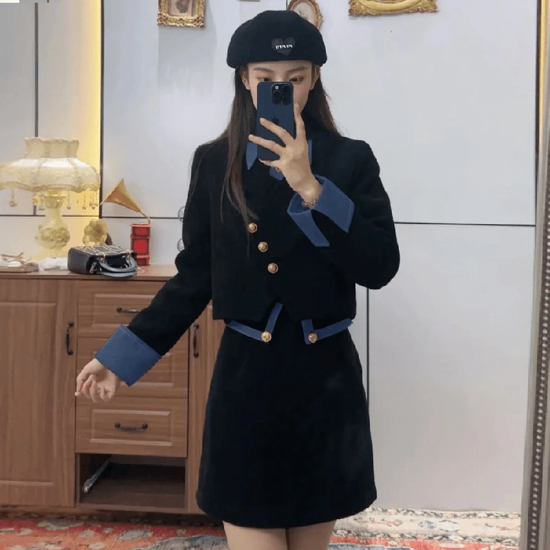 【两件套】【短款】2025秋季新款赫本风时尚上衣半身裙套装女2105