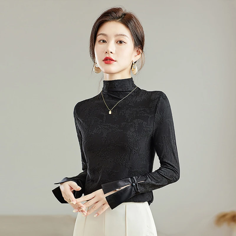 新中式半高领黑色打底衫2025新款女国风长袖高级内搭上衣洋气2610