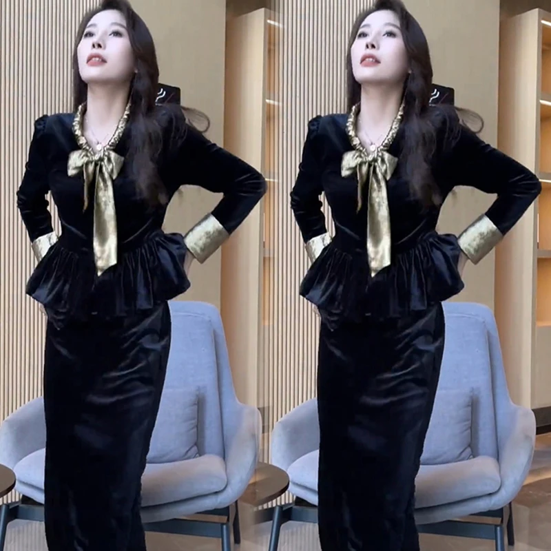【两件套】2025秋季新款长袖蝴蝶结荷叶气质时尚显瘦女装2319