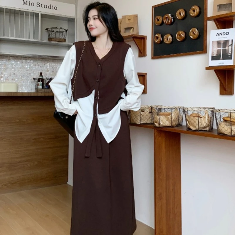 【大码】【两件套】2025遮肚显瘦假两件上衣A字半身长裙女士套装B8326