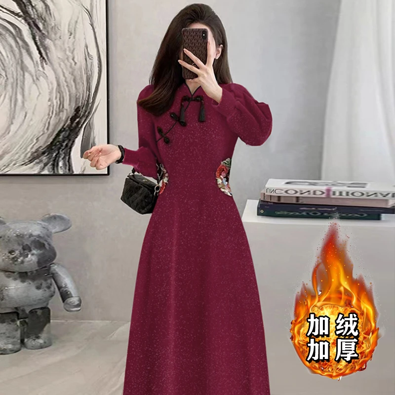 【加绒加厚】连衣裙女新款大码胖mm高级感内搭加厚小红裙子2679