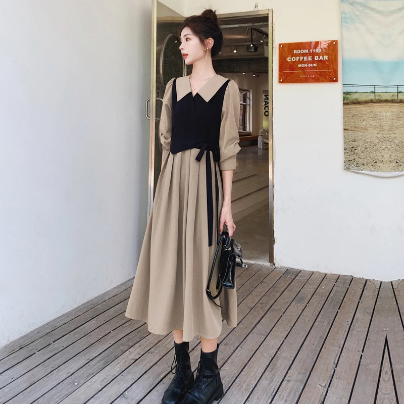 法式复古长袖连衣裙女2025春季新款假两件气质显瘦赫本风长裙8632