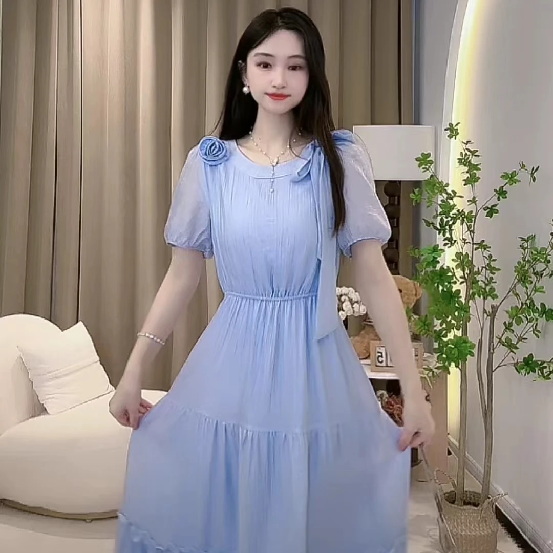 【密】【有里布】法式无袖挂脖连衣裙女夏装2025蓝色时尚吊带裙1460