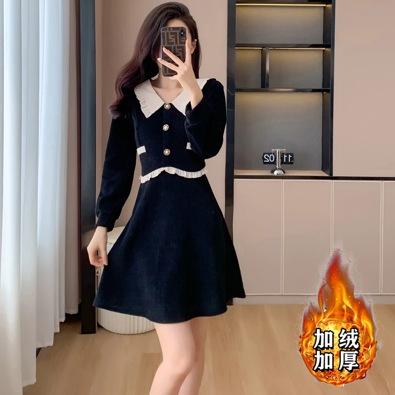 【常规/加绒】娃娃领连衣裙新款女装时尚减龄气质小黑裙6278